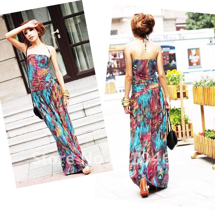 Free Shipping New Bohemia Long Dress Womens Fation  Halter Maxi Phoenix dress Wholesale 1Pcs/Lot