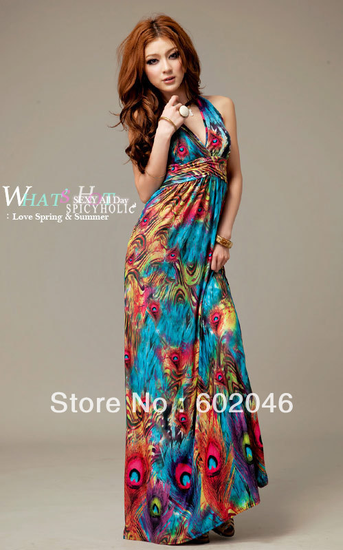 FREE SHIPPING NEW BOHEMIAN PRINTING HANG NECK SLEEVELESS BEACH SKIRT FEMALE FASHION DRESS