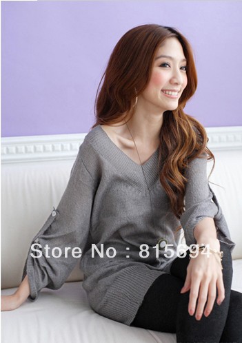 Free shipping new dress han fair maiden temperament v collar invagination sleeve grow a sweater *