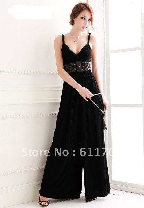 Free shipping  New Elegant Lady Woman Sexy Black V-Open Sleeveless Wide Leg Trousers Jumpsuits