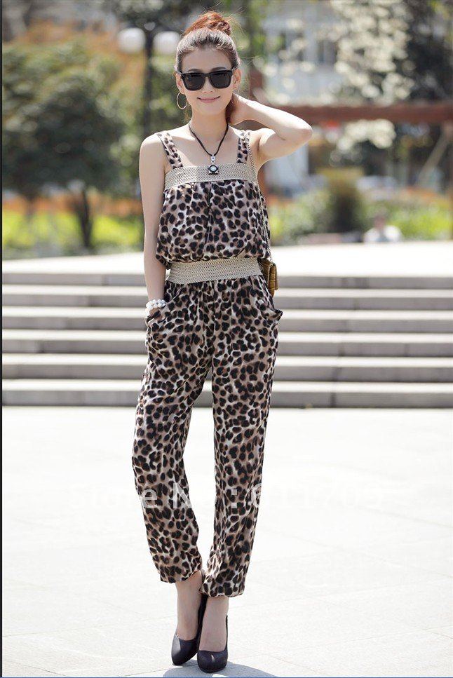 Free shipping  New Elegant Lady Woman Sexy Leopard Sleeveless Catsuit Jumpsuit