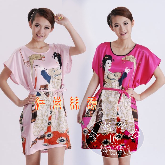 Free shipping new fashion 18.8 women's short-sleeve lacing colorful print faux silk nightgown robe silk sleepwear multicolor