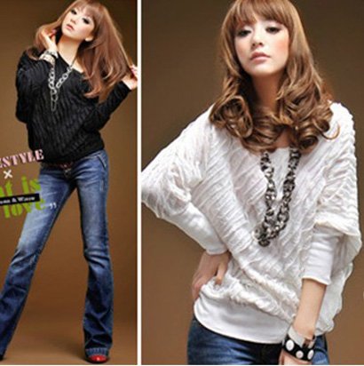 Free shipping New Fashion 2013 Blouses for Women T-Shirt Bias Shoulder Bouffant Knitwear Cotton O-Neck  Irregular Sleeves