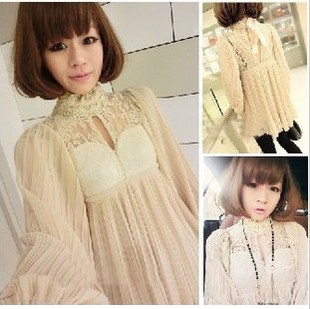 Free shipping new fashion 2013 spring all-match elegant lace pleated lantern sleeve turtleneck chiffon one-piece dress