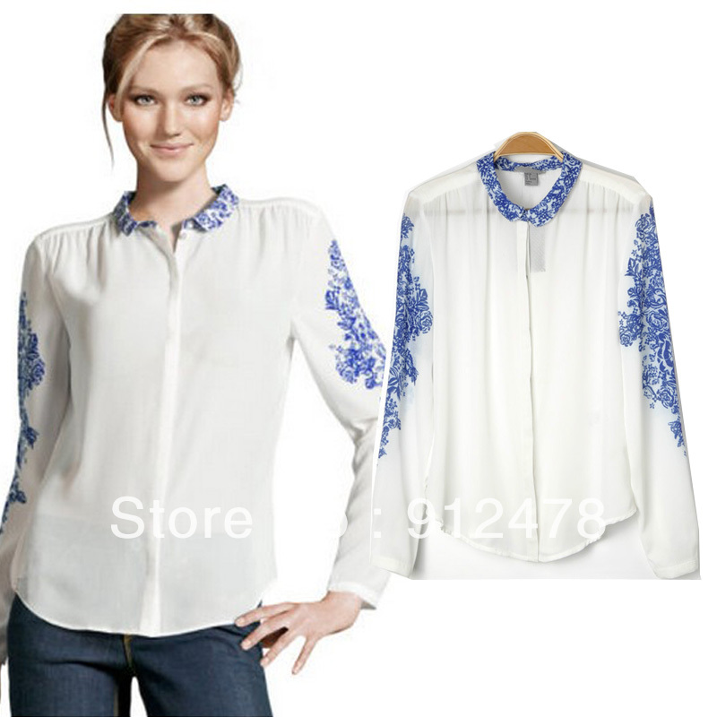 Free shipping new fashion 2013 spring blue and white porcelain shirts vintage print chiffon blouses for women long sleeve shirt