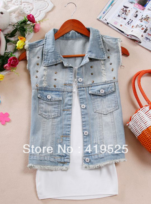 Free Shipping New Fashion 2013 Women's Rivets Skull Denim Vests Sky Blue Gray  button