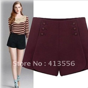 free  shipping    New fashion all-match thin double breasted splicing high-waisted wool shorts boots pants  b290 ow