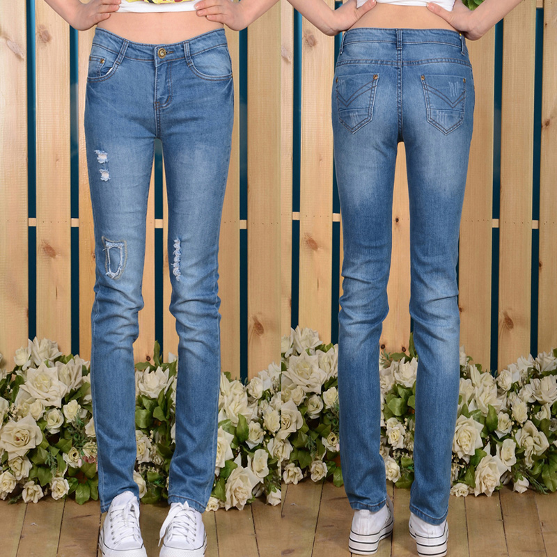 Free Shipping New Fashion Best 2013 light color hole pressure pleated jeans tight fitting water wash women's l961 pencil pants