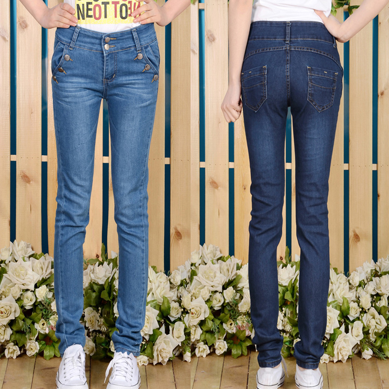 Free Shipping New Fashion Best Selling 2013 double breasted high in the waist elastic slim jeans fashion pencil pants l965