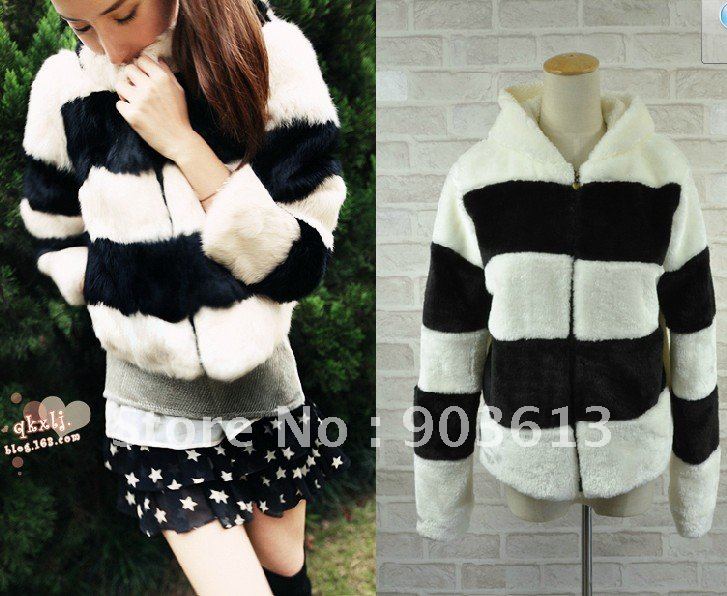 free shipping  new fashion black white stripe imitation rabbit hair warm with hood small overcoat fur coat