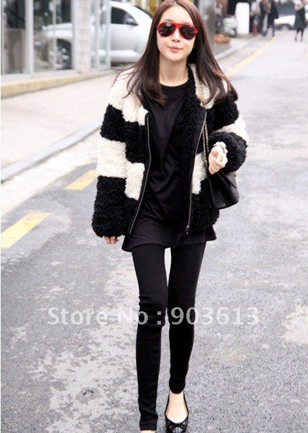 free shipping new fashion black white stripe long wool cotton-padded clothes LaLambswool overcoat both sides can wear