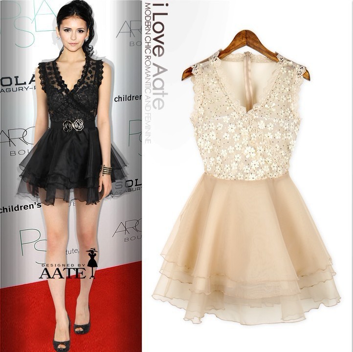 Free shipping new fashion  Bud silk flowers sequins splicing gauze dress perspective CC