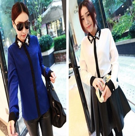 Free shipping new fashion Color spring rhinestone turn-down collar color block decoration basic chiffon shirt - a25