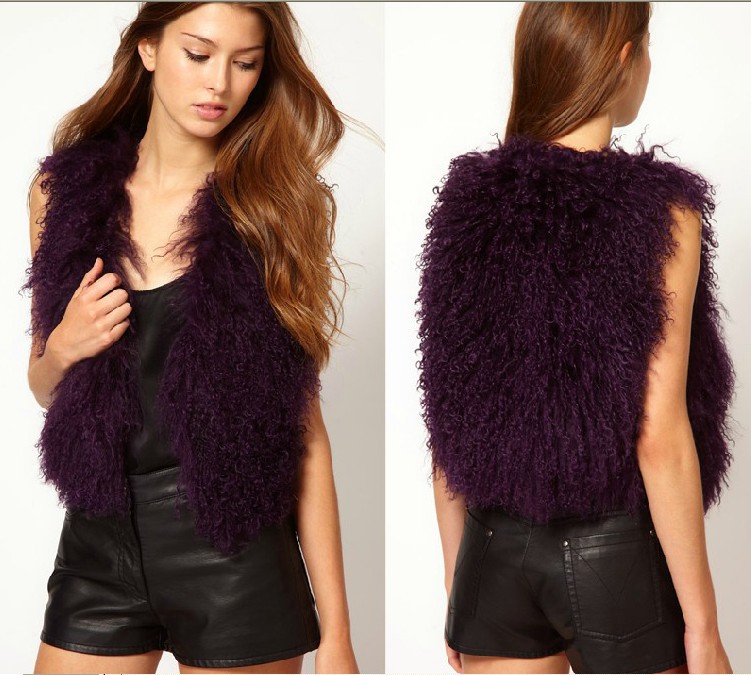 Free Shipping New Fashion Dark Purple Artificial Wool Fur Vest Lamb Wool Fur Coat XS-XXL