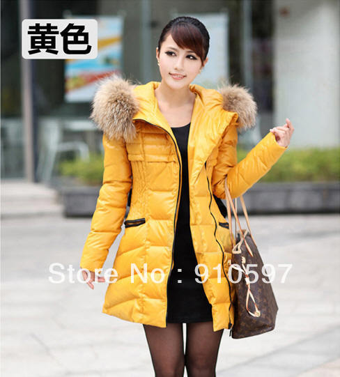 Free shipping,New fashion! feather down filled,Slim fit&Long style,women's down coat/overcoat/ladies Outerwear,4 colors-yellow