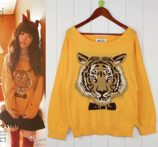 Free shipping new fashion hot selling vivi tiger head loose knitwear sweater knitting pullover outwear yellow black gray red