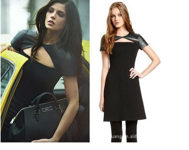 Free Shipping new fashion ladies' Cool Black Collect waist with  patch leather dress QZ0017