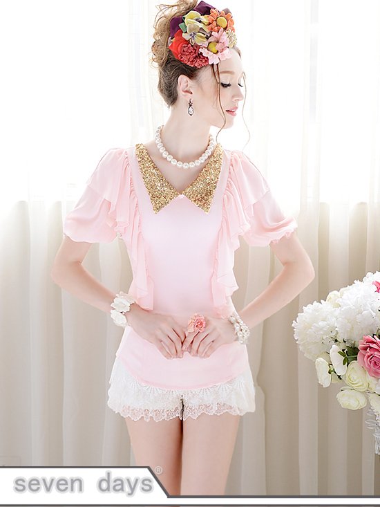 Free Shipping New Fashion Lady's Slim Fit Sequin Collar Puff Sleeve Blouse NL072301