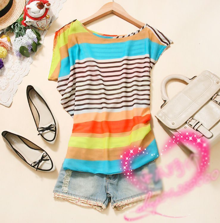 Free shipping New fashion lady short sleeve colorful striped shirt Women's Chiffon blouse casual summer tops clothes