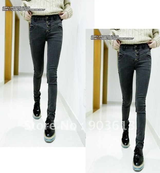 Free shipping new fashion mid waist women's slim single-breasted denim skinny pants trousers jens