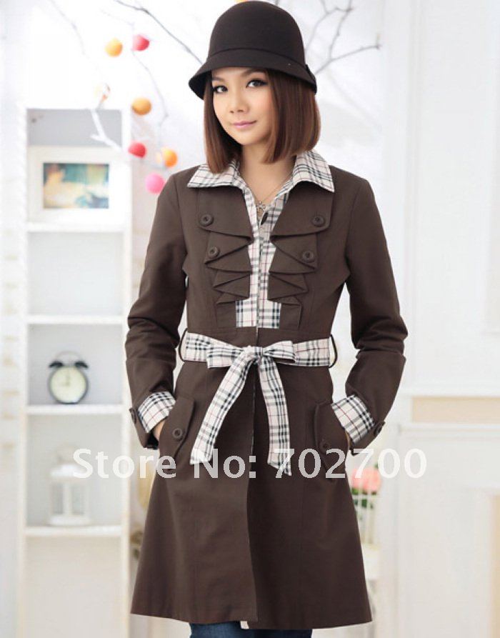 Free shipping! New Fashion Promotion Women Trench Coat Plaid Ruffles Overcoat Slim Long OL Windbreaker Coats Holiday Sale