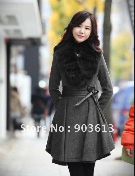 free shipping  new fashion real large fox collar,Detachable Fur Collar,slim waist PU leather bow,long jacket wool coat overcoat