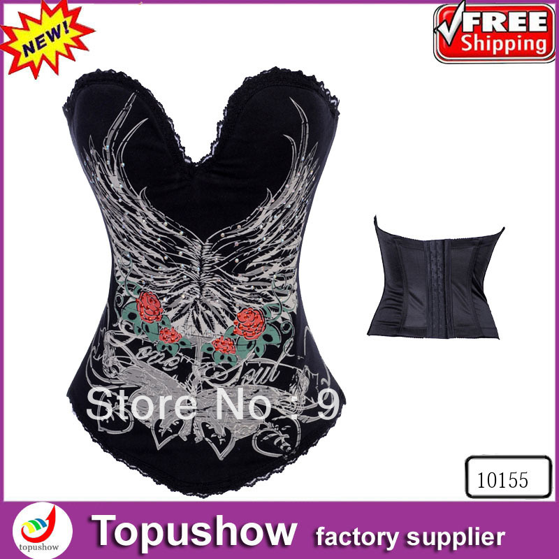 Free shipping ! New fashion satin tattoo printing corset bustier sexy costumes lingerie with G-string S-XXL 10155