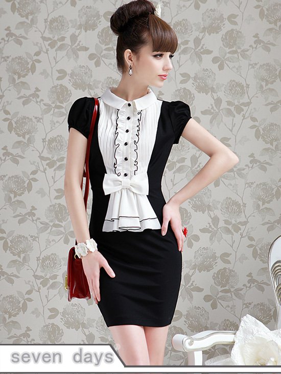 Free Shipping New Fashion Single-breasted Bowknot Pleated Turn Collar Short Sleeve Dress WL031801BA