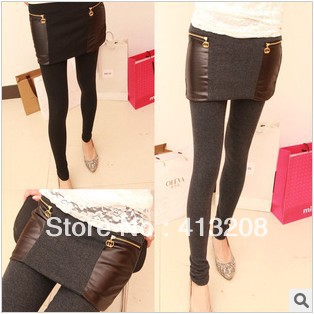 Free shipping new fashion slim Double zipper leather Patchwork ladies' leggings fake two-piece skirt women pantyhose wholesaler