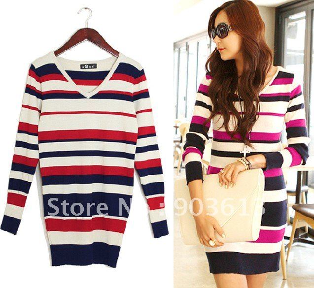 free shipping New fashion slim stripe corlor matching  long design knitted dress corlorful v-neck sweater dress