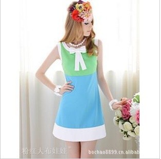 Free shipping new fashion  Summer new green, white and blue stripes stitching dress Slim ladies A -line sleeveless dress retail