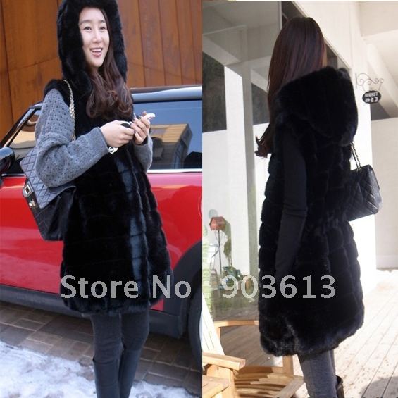 Free shipping new fashion thickening faux rabbit fur smooth feel long design hooded vest overcoat