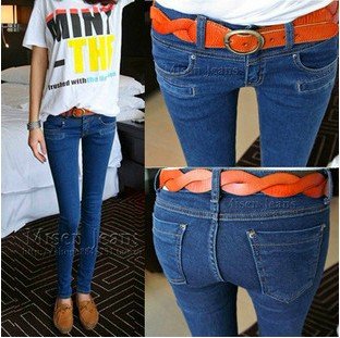 free shipping new fashion trend elastic slim pencil pants skinny women's jeans denim trousers with belt