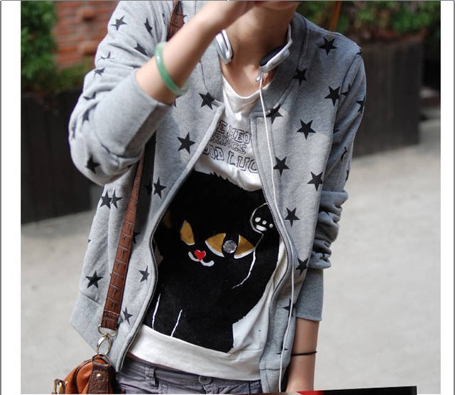 Free Shipping New Fashion V-Neck Star Cardigan Long Sleeve Streetwear Coat For Women