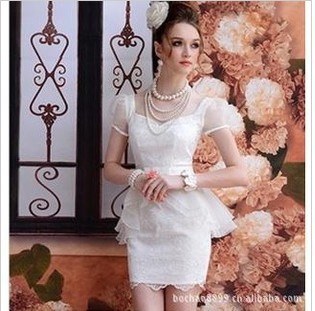 Free shipping new fashion White Lace Siou root veil hem bow Slim noble temperament short-sleeved dress playsuit retail/wholesale