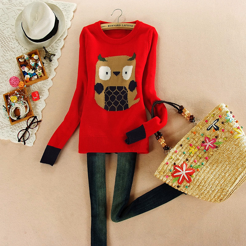 Free shipping new fashion Women 2013 spring women's loose vintage twisted o-neck owl basic pullover sweater