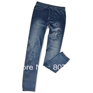 Free shipping! New fashion women blue jeans style  Sexy Skinny Faux Leather mid Waist Leggings Pants Tights