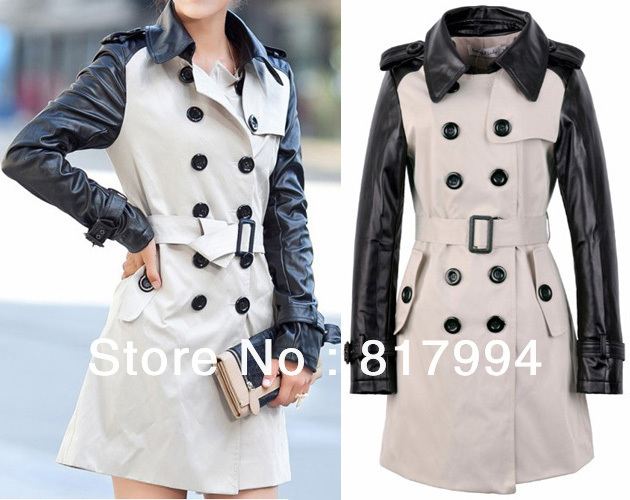 Free Shipping New Fashion Women's Long Coat  Ladies Faux Leather Sleeve Double Breasted Jacket