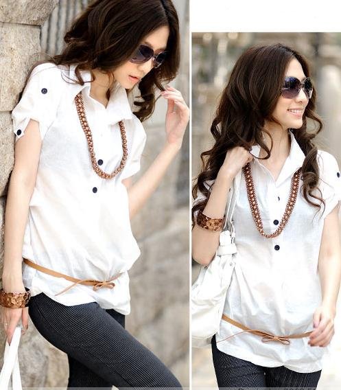 Free Shipping New Fashion Women's Short Sleeve Cotton Blouse Ladies' Shirt /White,Wholesale/Retail