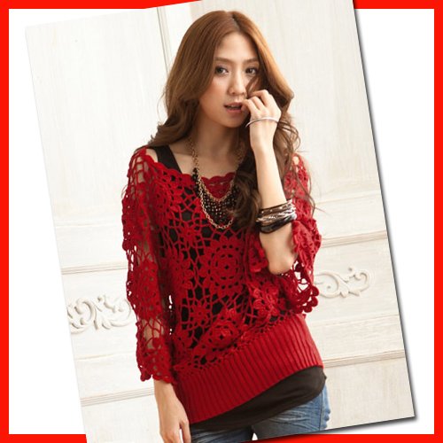 Free Shipping! New Fashion Women's Sunflower Crotch Three Quarter Batwing Sleeve Cloak Red Sweater Pullover B06680#