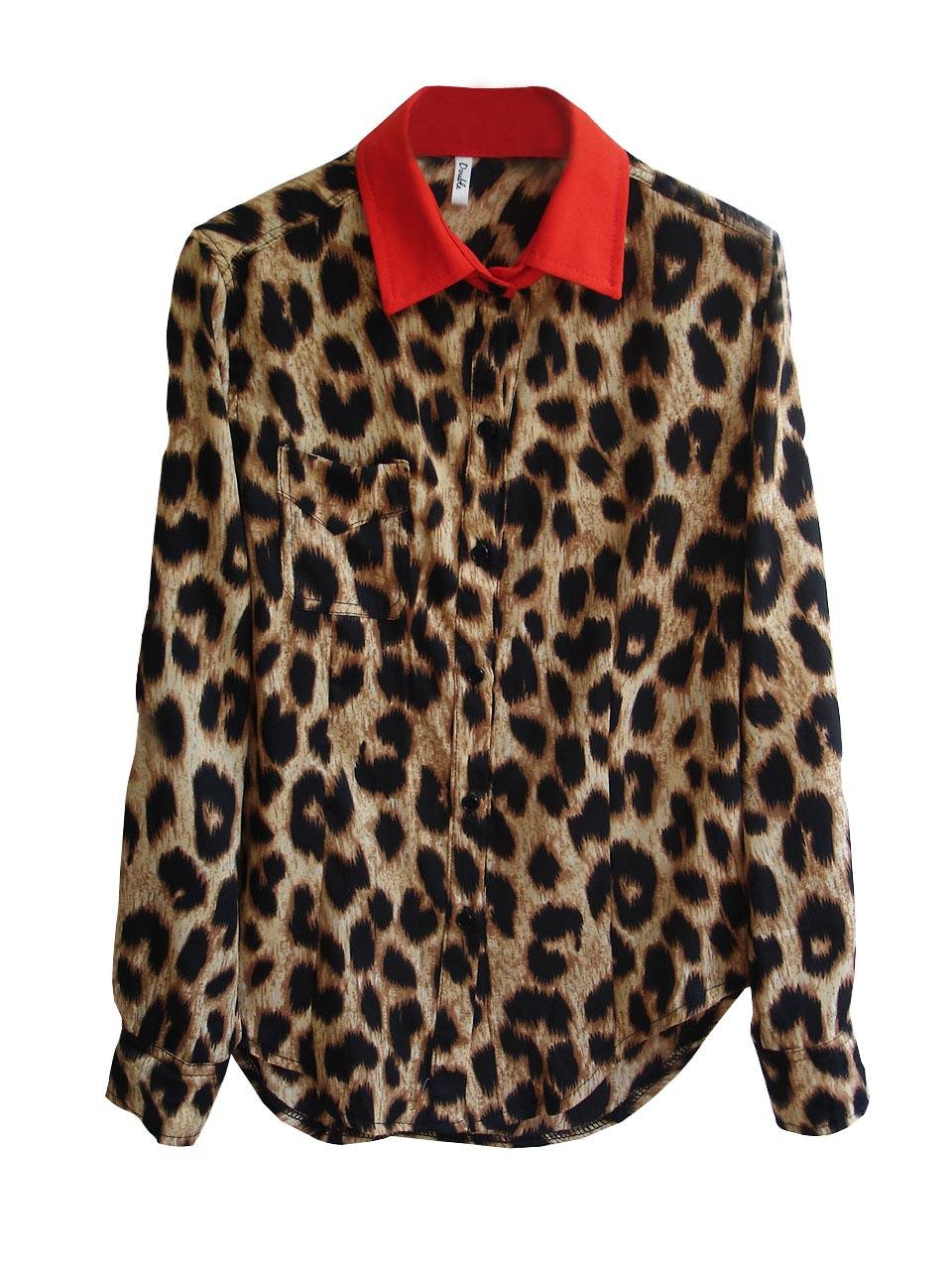 Free shipping New fashion women sexy leopard grain chiffon blouse lady red lapel blouse shirt lady fashion tops