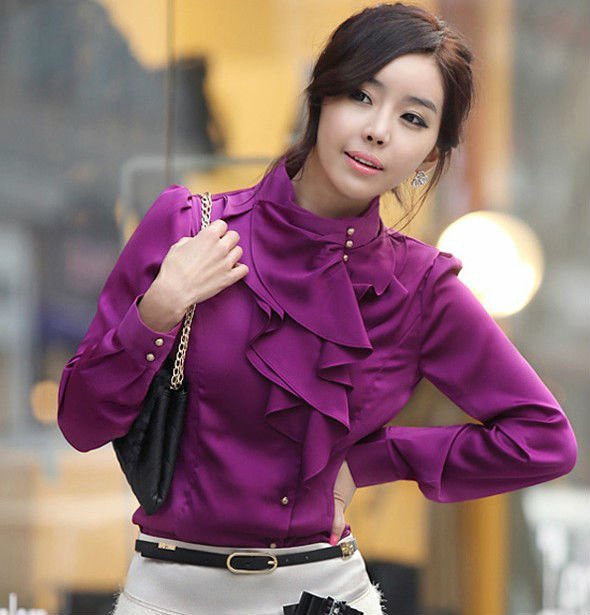 Free shipping new fashion womens shirt OL top ruffles faux silk blouse Color: white, purple, nude  Size: S-XL W031