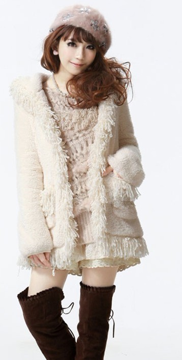 Free shipping New han lady feather tassel edge hooded wool coat M L XL