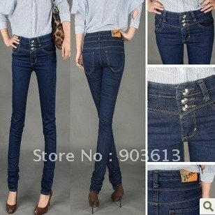 free shipping new high waist jeans women's skinny jeans three buttons elastic Pencil Pants