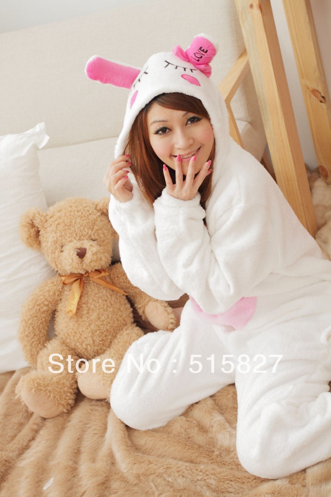 Free Shipping New Japan  Adult Animal White Rabbit  Lovely Cute  Fleece Full Sleeves Hooded    Ladies Pajamas Size L XL