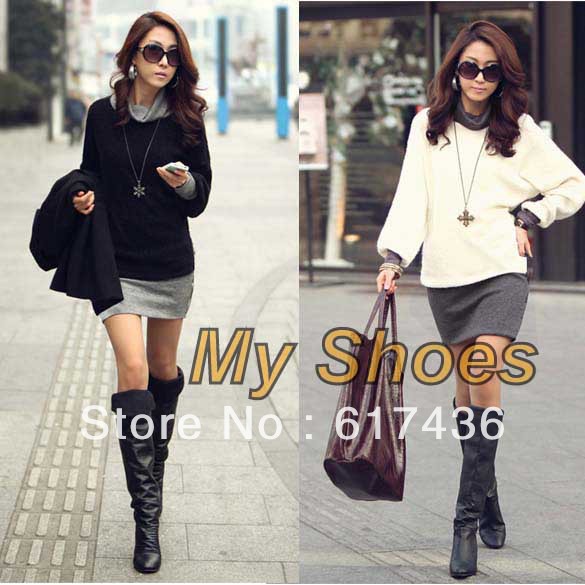 free shipping New Korea Women's Long Sleeve Casual Side Button Match Colors Wool Dress Short Skirt Black, White 8052