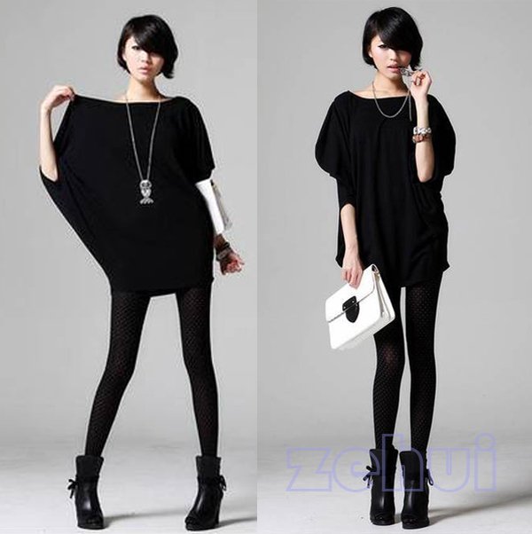 Free Shipping New Korean Crewneck Pure Black Design Loose Big Size Leisure Bat SleeveT Shirt  HR260