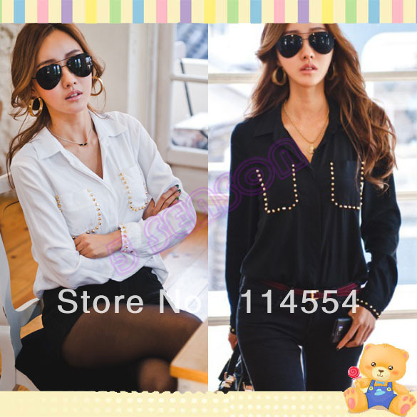 Free Shipping New Korean Fashion Ladies Long Sleeve Turn-down Collar Rivet Shirt Blouse 11065