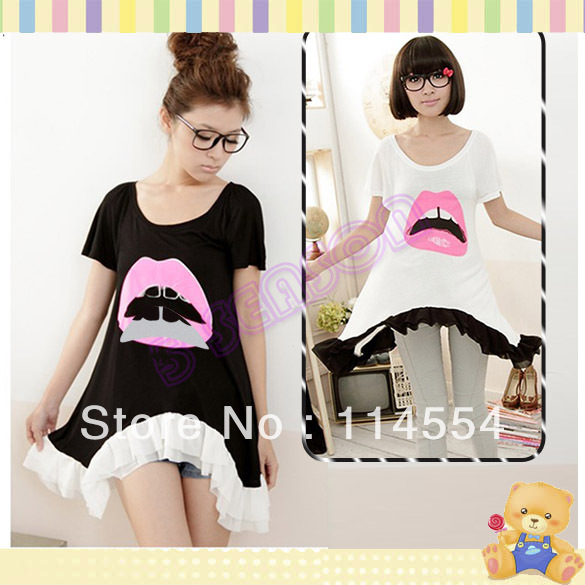 Free Shipping New Korean Ladies Cartoon Red Lips Tee Shirt Casual Loose Top T-Shirt 2Colors 11070