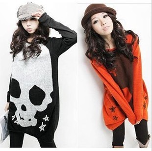 Free Shipping New Korean Spring and Autumn women's long-sleeve long skull sweater loose type printing T-shirt